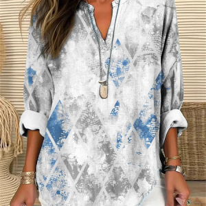 Color Block Geometric V Neck Casual Shirt, Blouses, Lilicloth.com