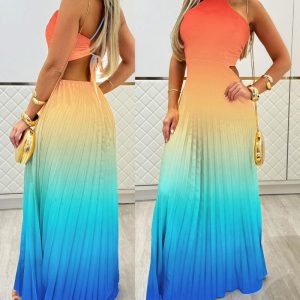 Ombre Halter Pleated Maxi Dress Casual Back Lace Up Summer Vacation Dress, women Maxi Dresses, ChicMe catalog