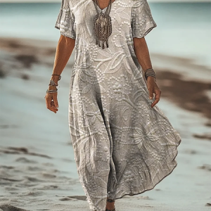 Women's Floral Short Sleeve Summer Printing Dress V Neck Daily Casual Maxi T-Shirt Dress H-Line Dress, JustFashionNow Casual Dresses, color:As Picture|size:4XL,