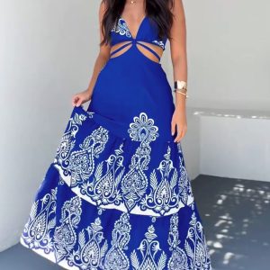 Floral Print Plunge V Neck Adjustable Spaghetti Strap Dress Casual Hollow Out A Line Vacation Dress, women Print Dresses, ChicMe catalog