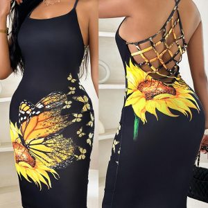 Butterfly Sunflower Print Fishnet Backless Bodycon Dress, women Bodycon Dresses, ChicMe catalog