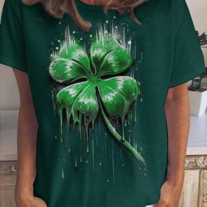 Women's Shamrock Short Sleeve Tee T-shirt Crew Neck Casual Summer Top, JustFashionNow T-Shirts, color:Deep Green|size:3XL,