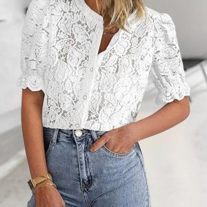 Lace Round Neck Puff Sleeve Button Front Blouse Casual See Through Top, women Blouses & Shirts, ChicMe catalog