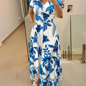 Floral Print V Neck Puff Sleeve Button Decor Dress Casual Waist A Line Dress, women Print Dresses, ChicMe catalog