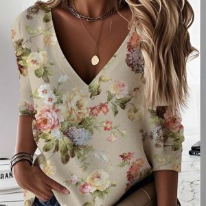 Women's V Neck Floral Vintage Spring/Fall Long Sleeve Sweatshirt, JustFashionNow Sweatshirts & Hoodies, color:As Picture|size:XXL,