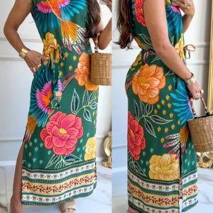 Floral Print Round NEck Sleeveless Side Slit Tied Detail Dress Vacation Dress, women Print Dresses, ChicMe catalog