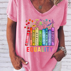 Women Equal Rights Shirt, Book Flower V Neck Casual T-Shirt, T-shirts, Lilicloth.com