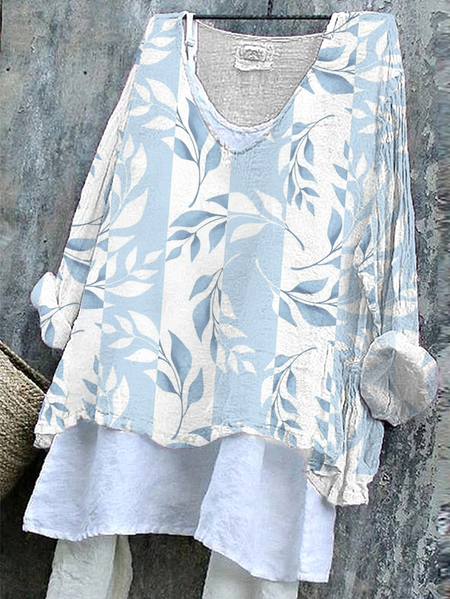 Women's Striped Long Sleeve Blouse_ Spring/Fall Printing V Neck Daily Casual Top, JustFashionNow Blouses, color:Blue|size:4XL,