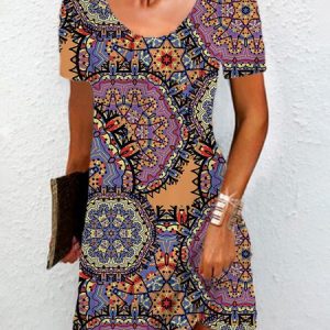Women's Short Sleeve Summer Ethnic Jersey Dress Crew Neck Daily Going Out Casual Mini H-Line T-Shirt Dress, JustFashionNow Dresses, color:Purple|size:XXL,