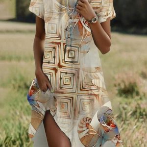 Women's Short Sleeve Summer Floral Dress Crew Neck Daily Going Out Casual Midi H-Line T-Shirt Dress, JustFashionNow Dresses, color:Apricot|size:XXL,