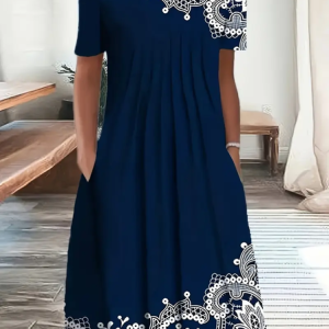 Women's Short Sleeve Summer Purplish blue Floral Printing Crew Neck Daily Going Out Casual Midi H-Line Fit & Flare Dress Dress, Dresses, Lilicloth.com