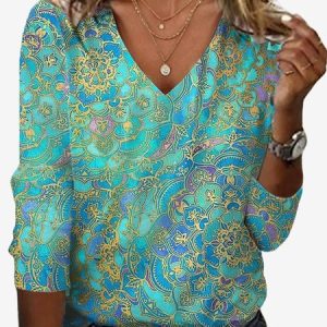 Women's Long Sleeve Tee T-shirt Spring/Fall Ethnic Jersey V Neck Daily Going Out Casual Top, JustFashionNow T-Shirts, color:Lake Blue|size:XXL,