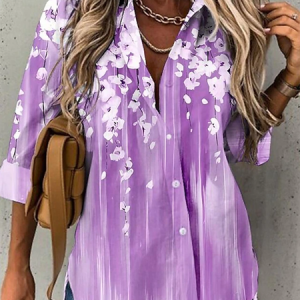 Women's Long Sleeve Shirt Spring/Fall Floral Shirt Collar Daily Going Out Casual Top, JustFashionNow Shirts, color:Purple|size:XXL