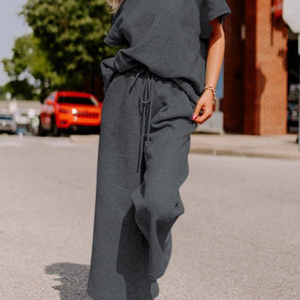 Women's Plain Two-Piece Set Daily Short Sleeve Casual Summer Top With Pants Matching Set, JustFashionNow Suit Set, color:Deep Gray|size:XXL,
