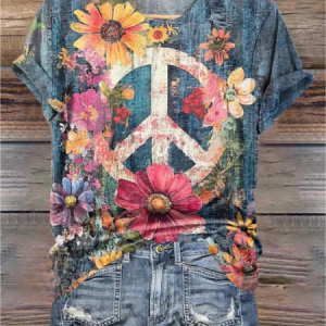 Women Floral Peace Sign Love And Peace Cozy T-shirt, T-shirts, color:Black|size:4XL, catalog Noracora shop