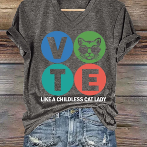 ?VOTE BLUE?Women's Vote Like A Childless Cat Lady Print Round Neck T-shirt, T-shirts, Lilicloth.com