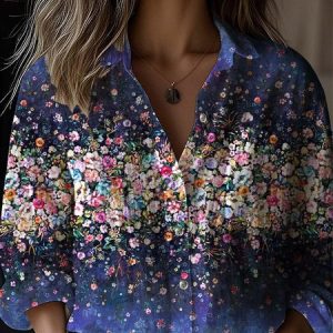 Floral Shirt Collar Casual Loose Shirt, Blouses, Lilicloth.com