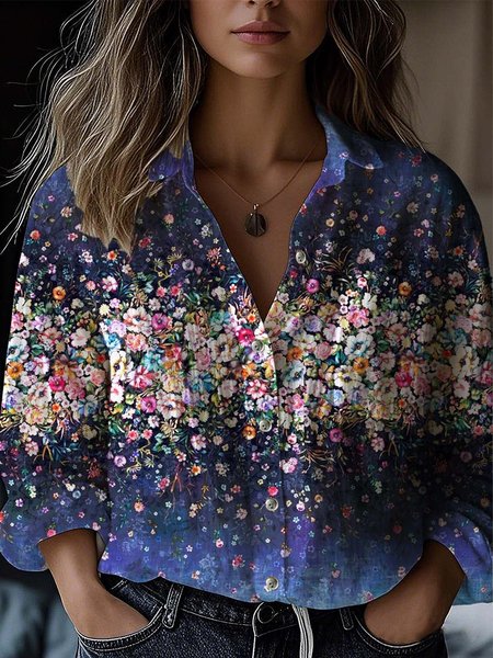 Floral Shirt Collar Casual Loose Shirt, Blouses, Lilicloth.com