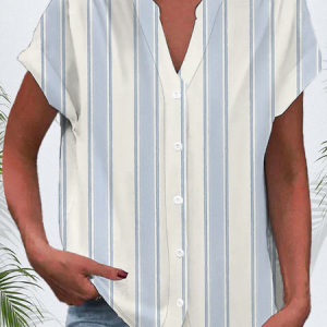 Women's Short Sleeve Shirt Summer Striped Printing V Neck Daily Going Out Casual Top, JustFashionNow Shirts, color:As Picture|size:4XL,