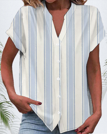 Women's Short Sleeve Shirt Summer Striped Printing V Neck Daily Going Out Casual Top, JustFashionNow Shirts, color:As Picture|size:4XL,