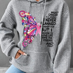 Breast Cancer Awareness Butterfly Graphic Simple Loose Hoodie, Hoodies&Sweatshirts, Lilicloth.com
