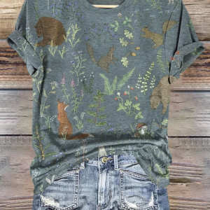 Casual Floral Pattern Crew Neck Short Sleeve T-shirt, T-shirts, color:Green|size:4XL, catalog Noracora shop