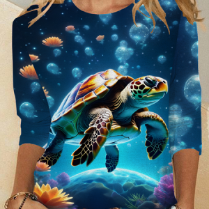 Women's Turtle Art Print Casual Long Sleeve Shirt, Long sleeves, Lilicloth.com