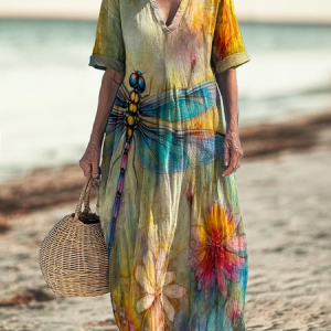 Dragonfly Regular Fit V Neck Casual Dress With No, Dresses, Lilicloth.com