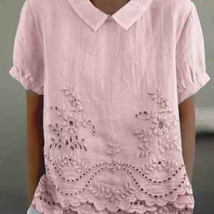 Shawl Collar Half Sleeve Plain Regular Loose Blouse For Women, Blouses, color:Pink|size:4XL, catalog Noracora shop