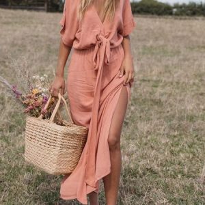 Women's Short Sleeve Summer Plain Knot Front Dress V Neck Daily Going Out Boho Maxi H-Line, JustFashionNow Dresses, color:Pink|size:XXL,