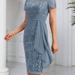 Elegant Crew Neck Lace Regular Fit Dress, JustFashionNow Dresses, color:Blue|size:XXL,