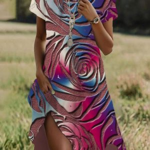 Women's Short Sleeve Summer Geometric Dress Crew Neck Daily Going Out Casual Midi H-Line T-Shirt Dress, JustFashionNow Dresses, color:Multicolor|size:XXL,