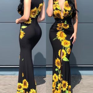 Plunge Sunflower Print High Slit Party Dress, women Party Dresses, ChicMe catalog