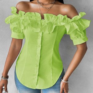 Off Shoulder Layered Ruffles Button-down Asymmetrical Hem Top, women Blouses & Shirts, ChicMe catalog