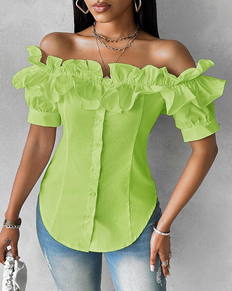 Off Shoulder Layered Ruffles Button-down Asymmetrical Hem Top, women Blouses & Shirts, ChicMe catalog
