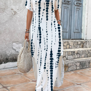 Women's Striped Short Sleeve Summer Printing Dress V Neck Daily Casual Maxi T-Shirt Dress H-Line Dress, JustFashionNow Casual Dresses, color:White|size:4XL,