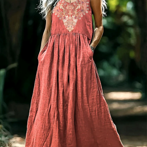 Women Floral V Neck Sleeveless Comfy Casual Maxi Dress, Maxi, color:Red|size:4XL, catalog Noracora shop