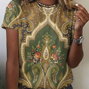 Casual Floral Crew Neck Sleeveless T-shirt, T-shirts, color:Green|size:4XL, catalog Noracora shop