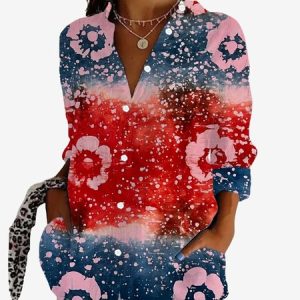 Women's Long Sleeve Shirt Spring/Fall Floral Shirt Collar Daily Going Out Casual Top, JustFashionNow Shirts, color:Red|size:XXL,
