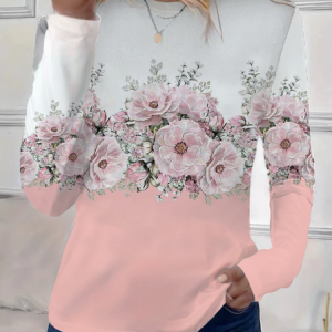 Casual Floral Pattern Crew Neck Long Sleeve T-shirt, T-shirts, color:Pink-white|size:XXL, catalog Noracora shop