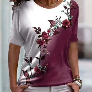 Women's Short Sleeve Tee T-shirt Summer Floral Printing Crew Neck Casual Graphic Tee Top, JustFashionNow T-Shirts, color:Purple|size:XXL