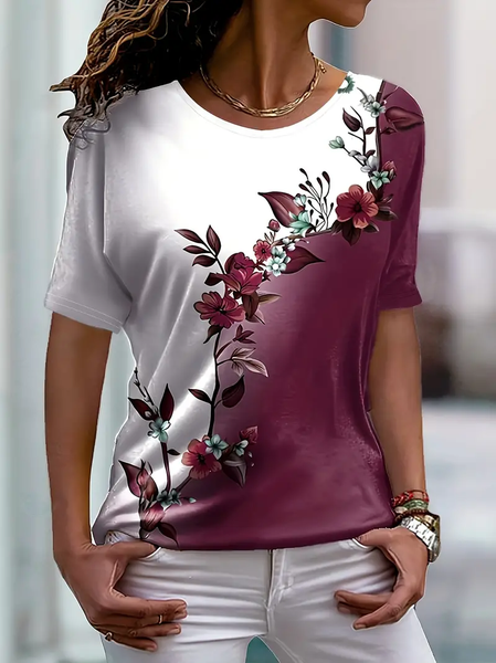 Women's Short Sleeve Tee T-shirt Summer Floral Printing Crew Neck Casual Graphic Tee Top, JustFashionNow T-Shirts, color:Purple|size:XXL,