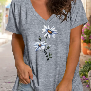 Women's Floral Short Sleeve Tee T-shirt V Neck Printing Casual Summer Graphic Tee Top, JustFashionNow T-Shirts, color:Gray|size:XXL,