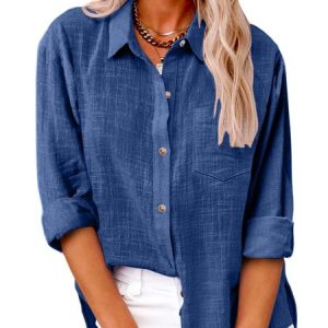 Women's Long Sleeve Shirt Spring/Fall Plain Cotton Shirt Collar Daily Going Out Casual Top, JustFashionNow Blouses, color:Blue|size:3XL,