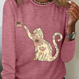 Wildflowers Cat Casual Long Sleeve Shirt, Long sleeves, Lilicloth.com
