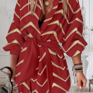 Bronzing Chevron Print Turn-down Collar Tied Detail Shirt Dress, women Shirt Dresses, ChicMe catalog