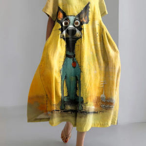 Oil Painting Art Dog Print Short Sleeve Loose Midi Dress Dress With No Belt, Dresses, Lilicloth.com
