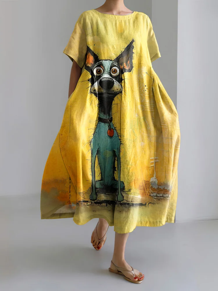 Oil Painting Art Dog Print Short Sleeve Loose Midi Dress Dress With No Belt, Dresses, Lilicloth.com