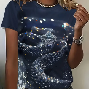 Women's Snake Print Casual Round Neck Short Sleeve T-Shirt, T-shirts, Lilicloth.com