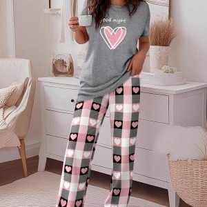 2 Pieces Outfit Good Night Slogan Print Short Sleeve Top and Plaid Print Elastic Waist Pants Set Casual Heart Print Pajamas Set, women Pajamas Sets, ChicMe catalog